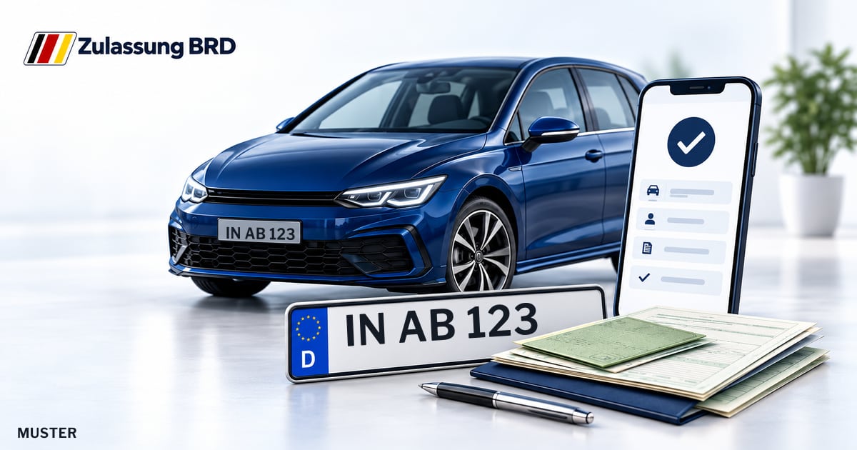 Online Fahrzeugzulassung in Ingolstadt: Musterkennzeichen IN AB 123, Auto und Fahrzeugpapiere und Smartphone. Illustration mit Logo von Zulassung BRD.
